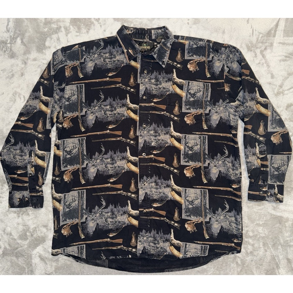 RedHead Shirt Mens XL Button Down Black Hunting Deer Hunter All Over Print